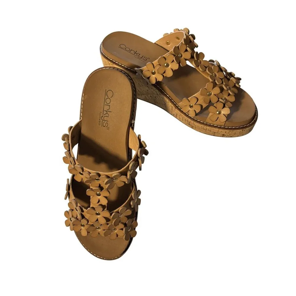 Corkys Floral Wedge Sandals Size 8 Cognac Slip-On Summer Shoes - Picture 1 of 8
